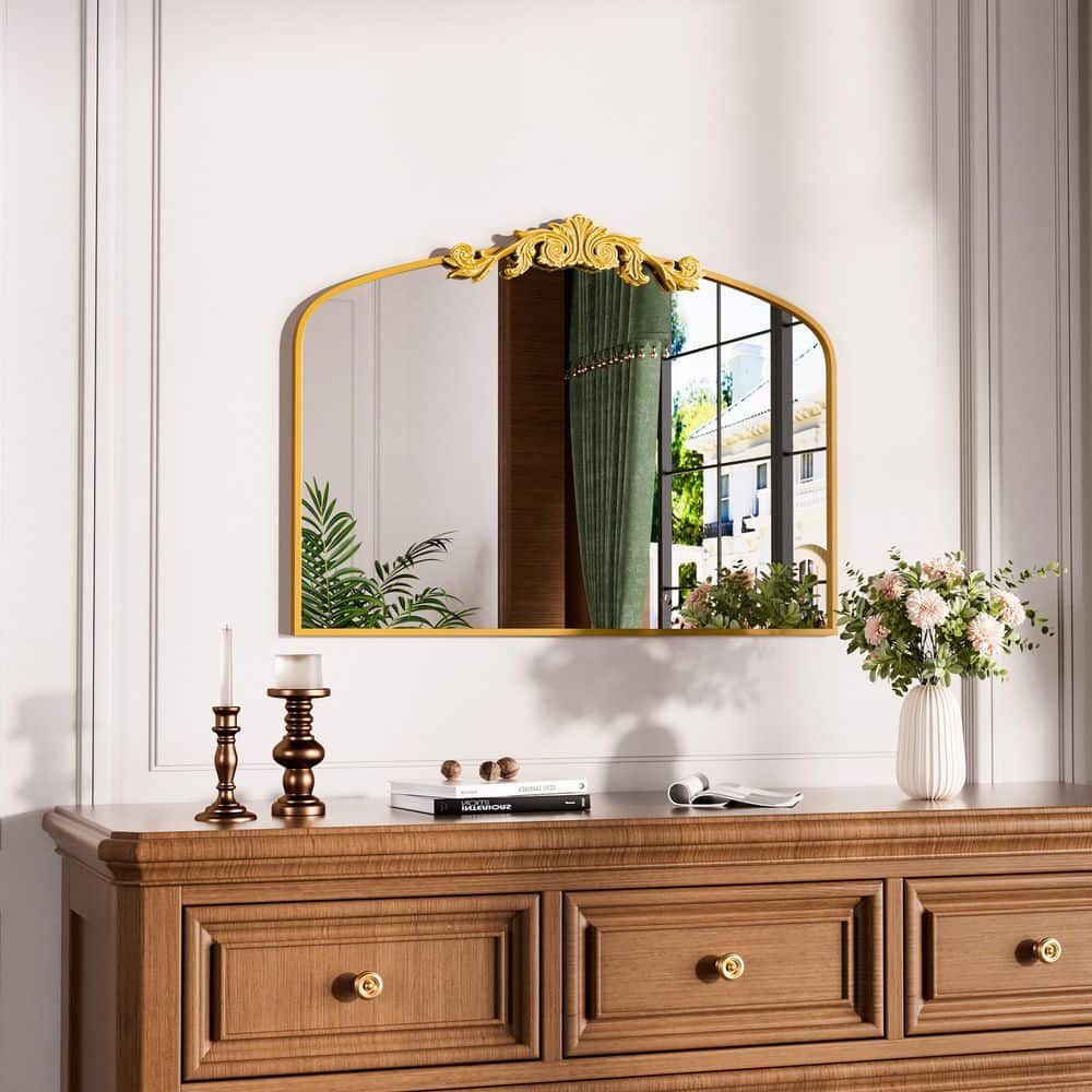 Swafrrt 36 in W x 30 in. H Arched Antique Gold Framed with Carved