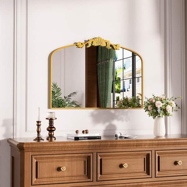 Swafrrt 36 in W x 30 in. H Arched Antique Gold Framed with Carved