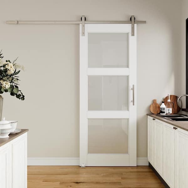 32 in. x 80 in. 3 Lite Frosted Glass White Primed MDF Sliding Barn Door with Hardware Kit Nickel Plated