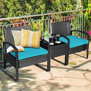 3-Pieces Rattan Patio Wicker Conversation Furniture Set Outdoor Yard with Turquoise Cushions