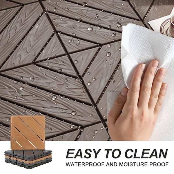 GOGEXX 12 in. W x 12 in. L Outdoor Diagonal Stripe Plastic Composite Flooring Deck Tiles (35 per box), Light Coffee