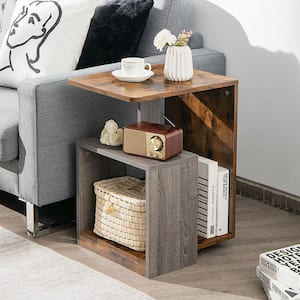 17 in. W U-shaped Brown Wood 3-Tier Sofa Side End Table Storage Shelf Accent Compact for Living Room Bedroom