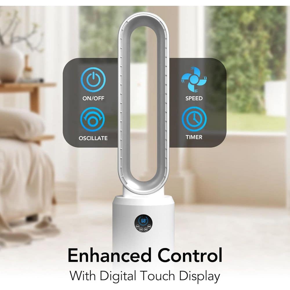 Comfort Zone 8.66 in. Diameter, 40 in. Tall 3 Speed Bladeless Tower Fan w/ Oscillation, Timer, and Remote Control in White and Silver BW302Y-WHT/SLVR