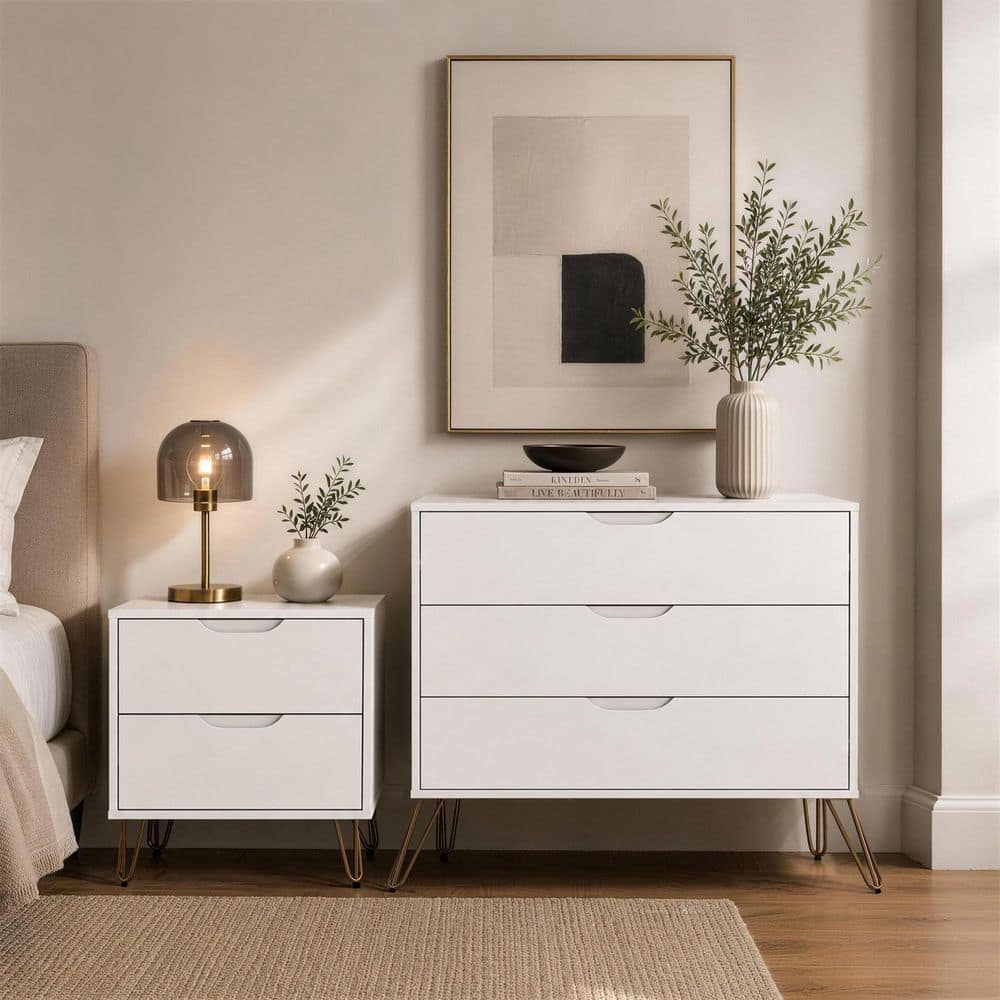 Avira White Mid-Century Modern 3-Drawer 35.2 in. W Dresser and 2-Drawer 20.1 in. W Nightstand price history on PriceWatchPro
