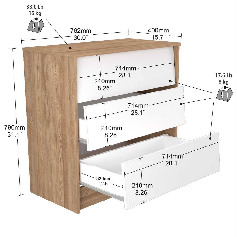 Amaretto Oak and White 3-Drawer Horizontal Dresser