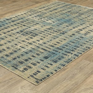 Ross Beige/Blue 2 ft. x 8 ft. Distressed Abstract Etchings Polypropylene/Polyester Fringed Indoor Runner Area Rug