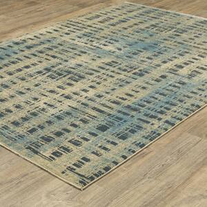 Ross Beige/Blue 5 ft. x 8 ft. Distressed Abstract Etchings Polypropylene/Polyester Fringed Indoor Area Rug