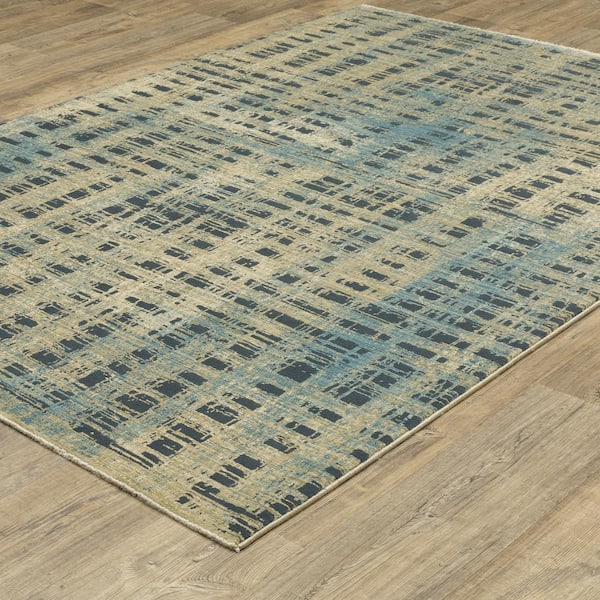 Ross Beige/Blue 8 ft. x 11 ft. Distressed Abstract Etchings Polypropylene/Polyester Fringed Indoor Area Rug