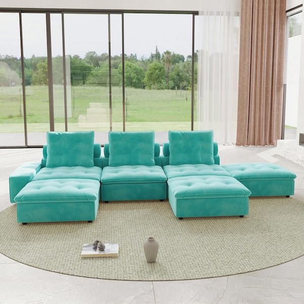 209 in. Modern Square Arm Oversized 6-Piece Velvet Modular Convertible Sectional Sofa with Ottoman in. Tiffany Blue