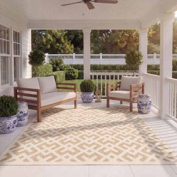 Courtyard Brown/Bone 8 ft. x 11 ft. Geometric Indoor/Outdoor Patio Area Rug