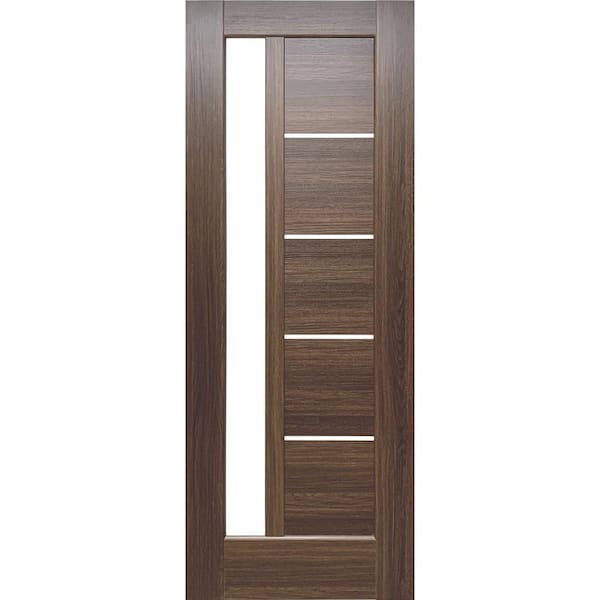 Valusso design doors 28 in. x 80 in. Pensacola Whiskey Oak Prefinished Opal PC Glass 5-Lite Solid Core Wood Interior Door Slab No Bore