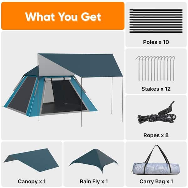 Waterproof Pre-Attached Pole Setup Camping Tent, 4-Side Mesh
