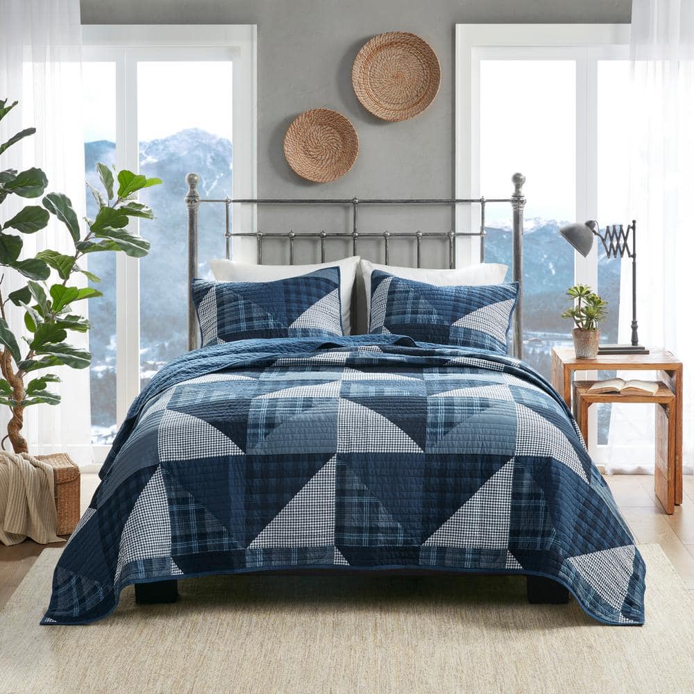 Blue Cotton Patchwork Full Quilt Set with Shams