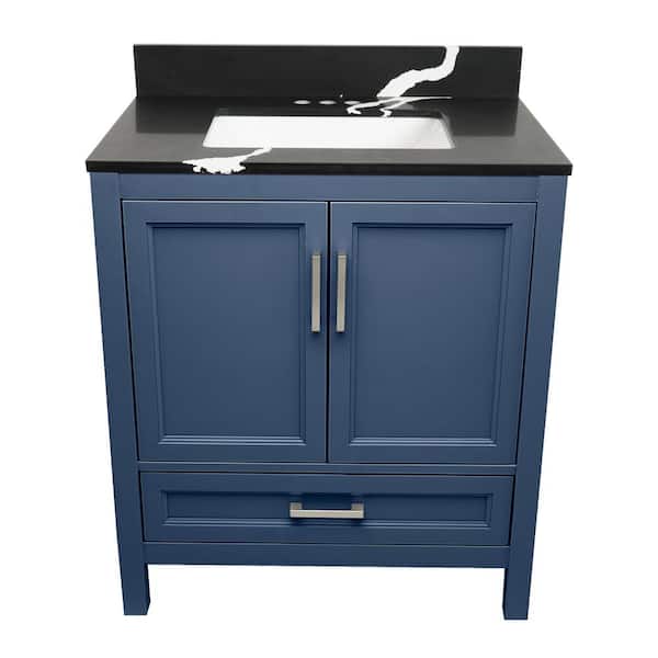 Ella Nevado 31 in. W x 22 in. D x 36 in. H Bath Vanity in Navy Blue with Quartz Stone Calacatta Black Top with White Basin
