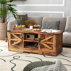 Brown Farmhouse Coffee Table with Barn Doors and Storage, Modern Rustic Style Wooden Living Room Table