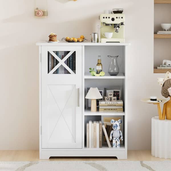 Barn Door Style Sideboard Cabinet White MDF 26 in. W Buffet Storage Cabinet Coffee Bar, Bathroom Floor Storage Cabinet