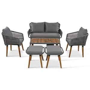 6-Piece Brown Woven Rope Patio Conversation Set with Acacia Wood Cool Bar Table, Built-in Ice Bucket, Grey Cushions