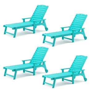 Helen Aruba Blue Recycled Plastic Ply Adjustable Outdoor Reclining Chaise Lounge Chairs With Wheels for Pool (Set of 4)