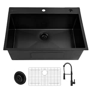 30 in. Drop-In Single Bowl 18 Gauge Black Stainless Steel Kitchen Sink with Black Spring Neck Faucet