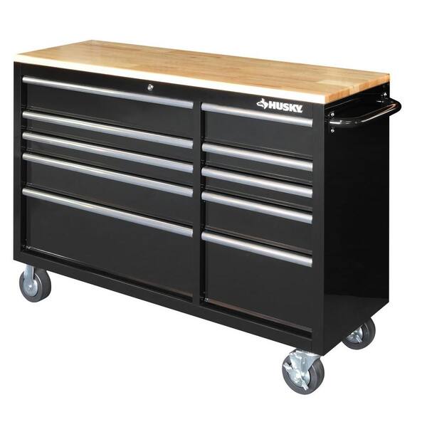 Husky 52 in. 10-Drawer Mobile Workbench with Solid Wood Top, Black