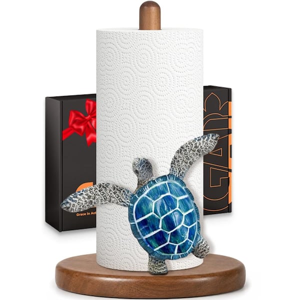 Coastal Blue Sea Turtle Paper Towel Holder with Natural Wood Base for Kitchen and Bathroom Counters
