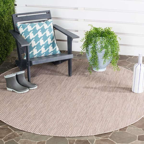 Courtyard Beige/Brown 8 ft. x 8 ft. Solid Distressed Indoor/Outdoor Patio  Round Area Rug