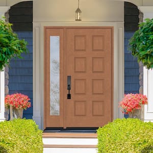 Regency 57 in. x 96 in. 8-Panel LHOS AutumnWheat Stain Mahogany Fiberglass Prehung Front Door with 12 in. Sidelite