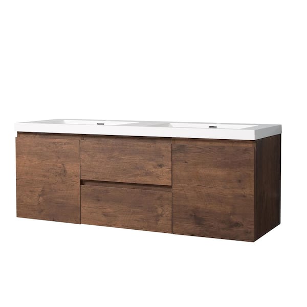 Opvande Alice 24 in. W x 20 in. D x 22 in. H Floating Bathroom Vanity in Rosewood with Double Solid Surface Sink Top in White
