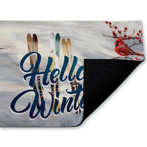 Hello Winter Cardinals and Skis White 18 in. x 30 in. Polyester Non-Slip Outdoor Door Mat