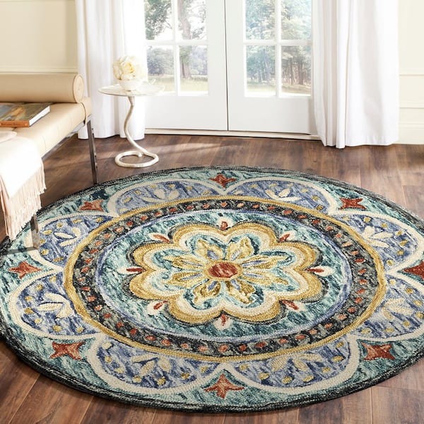 Daliah Teal/Blue 5 ft. Round Distressed Hand-Tufted Floral Wool Indoor ...