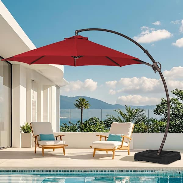 JEAREY 10 ft. Large Outdoor Aluminum Curvy Cantilever Offset Hanging Patio Umbrella with Sandbag Base and Cover in Red