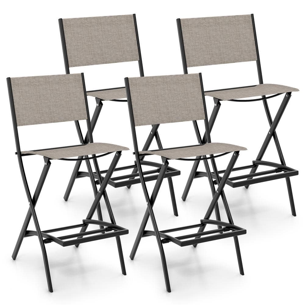 Gymax Folding Bar Stools (Set of 4) Patio Sling Chairs with Backrest ...