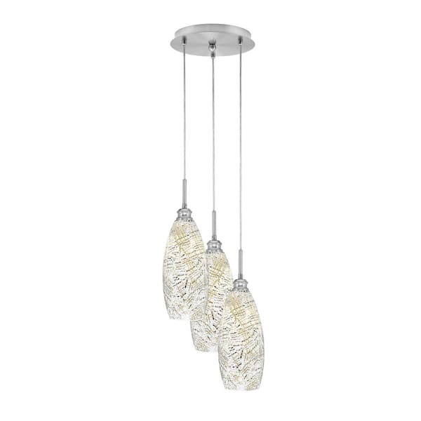 Unbranded Savannah 10.5 in. 3-Light Brushed Nickel Cord Pendant Light Natural Fusion Glass Shade