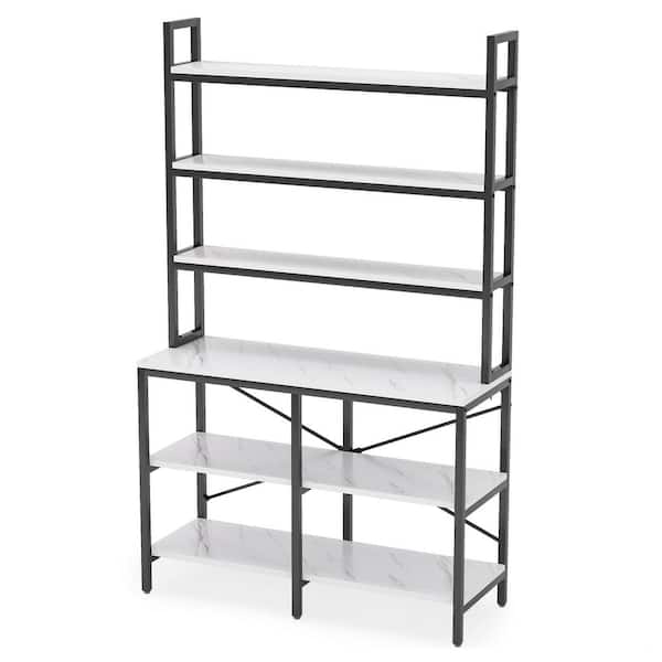 BYBLIGHT Eulas 70.8 in. White Wood 6 Shelf Etagere Standard Bookcase with Faux Marble and Metal Frame