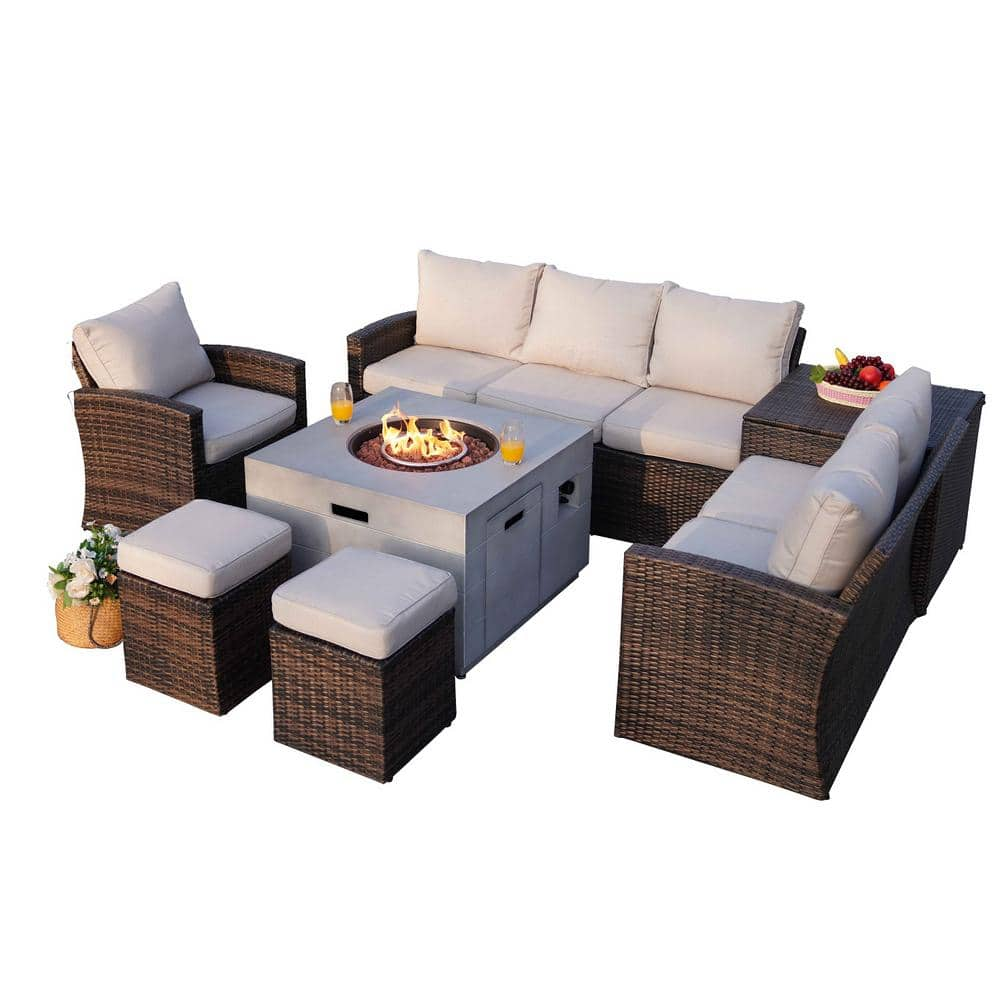 DIRECT WICKER Greenland 7-Piece Wicker Patio Conversation Set with Beige Cushions