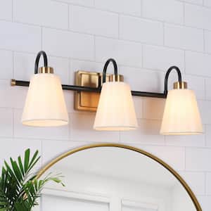 Modern Classic 3-Light Black and Plating Brass Vanity Light with White Cone Fabric Shades for Bathroom Vanity