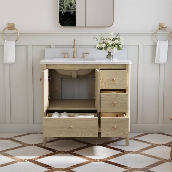 36 in. OAK Solid Wood Bath Vanity with Carrara White Quartz Top, Soft-Close Doors, Drawers, CUPC Certified, Assembled