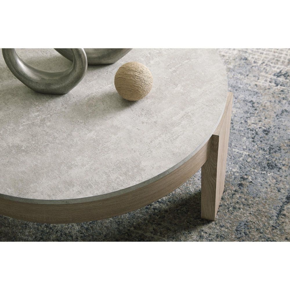 Light Brown and Gray Round Faux Cement Coffee and End Table Set