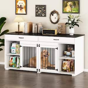 Large Dog House Storage Cabinet with 2 Drawers and Storage Shelf, Indoor Pet Dog Crate Cage for Large Medium Dogs, White