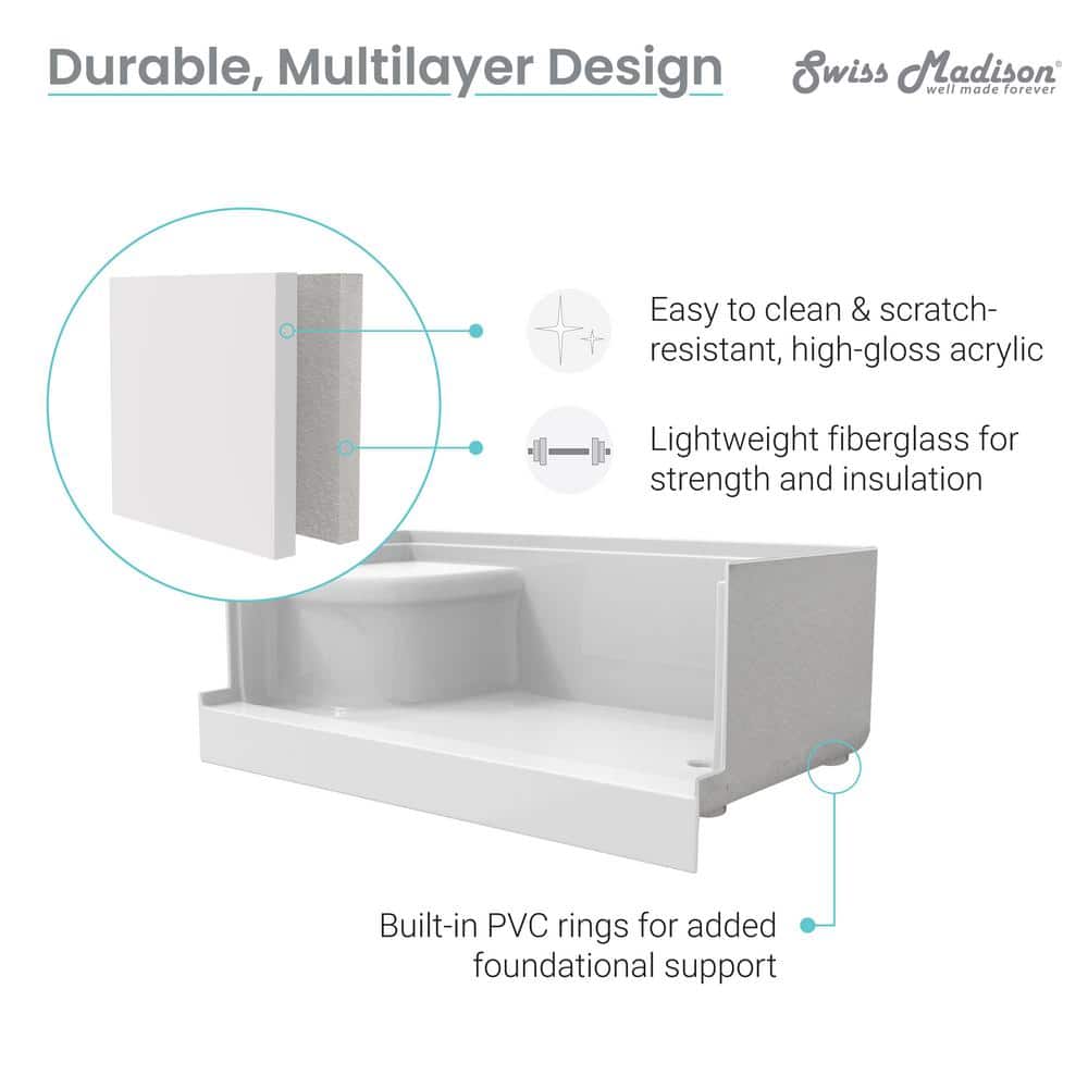 White Acrylic Single Threshold Shower Base with Seat and Right Drain