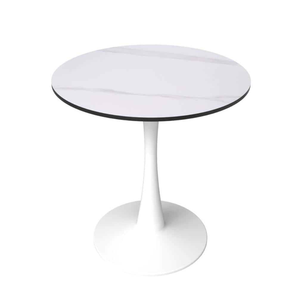 Bristol 24 in. White Stone Round Dining Table, White Metal Pedestal Base Beveled, Modern Bistro Patio Café Table price history on PriceWatchPro