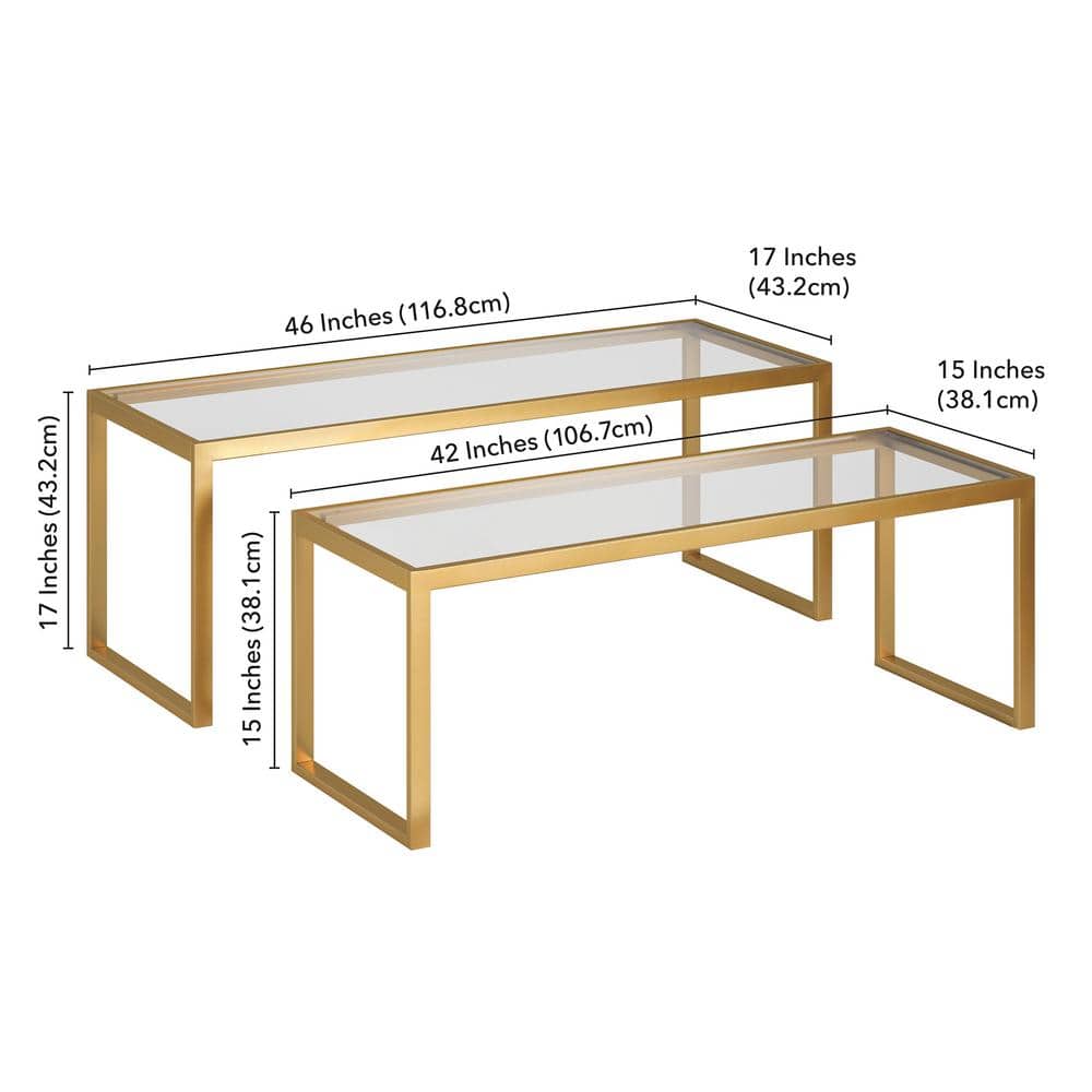 Rectangular Brass and Glass Nesting Coffee Table Set