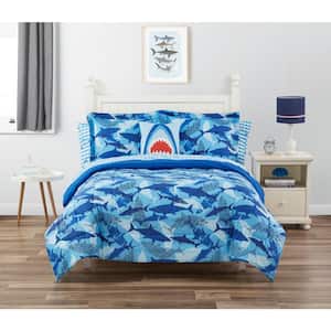 Shark Bite Dark Blue 8-Piece Soft Microfiber Comforter Set - Full