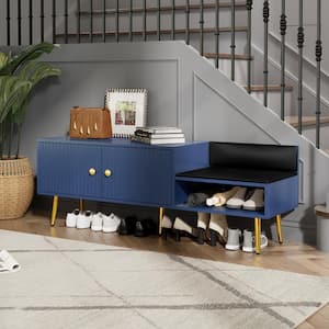 19.3 in. H x 54.3 in. W Navy Modern Entryway Shoe Storage Bench with 2 Intricate Grooves Doors, PU Upholstered Cushion