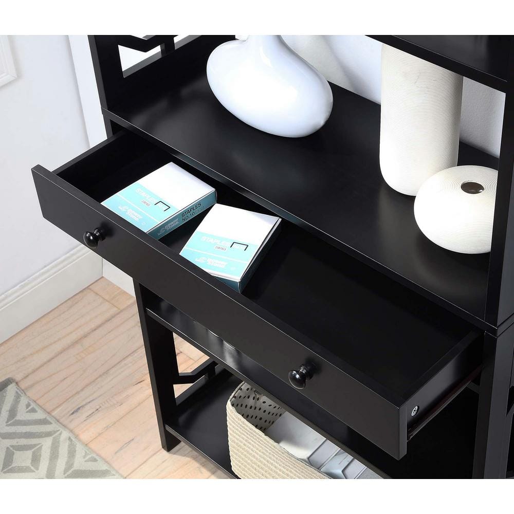 Black Wood 5-Tier Bookcase with Drawer