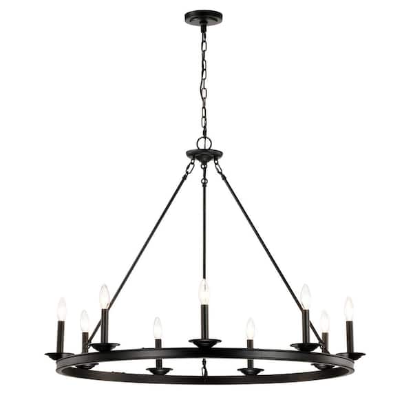 Jojospring Luisa 40 in. Dia 9-Light Antique Black Finish Metal Wagon Wheel Chandelier