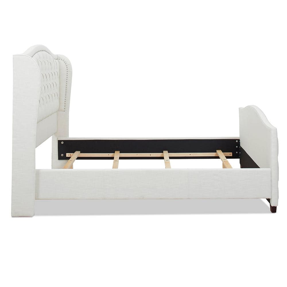 Antique White King Upholstered Bed with Tufted Headboard and Nailhead Trim