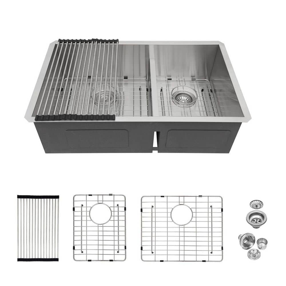 36 in. Drop-In Double Bowl 60/40 16-Gauge Brushed Nickel Stainless Steel Kitchen Sink with Dish Grids and Drain price history on PriceWatchPro