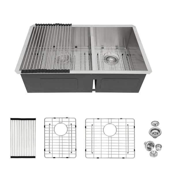 36 in. Drop-In Double Bowl 60/40 16-Gauge Brushed Nickel Stainless Steel Kitchen Sink with Dish Grids and Drain