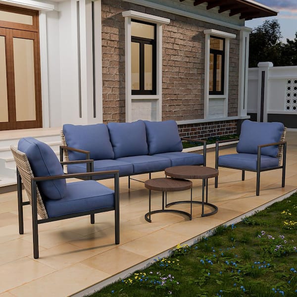 EAGLE PEAK 5-Piece Brown Wicker Outdoor Patio Conversation Set with Blue Cushions, 3-Seat Loveseat and Nesting Coffee Tabels